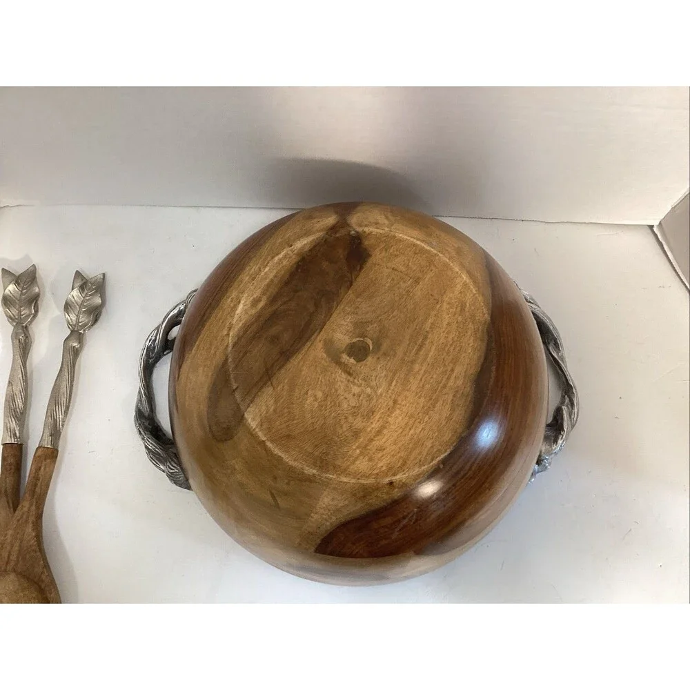 wooden bowl w/ ornate metal leaf branch handles matching spoons 12” diameter
